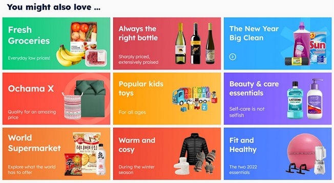 A brightly-coloured grid of product categories from the ochama website, with the words You might also love... at the top. The categories have names like fresh groceries, always the right bottle, the New Year big clean, and popular kids toys.