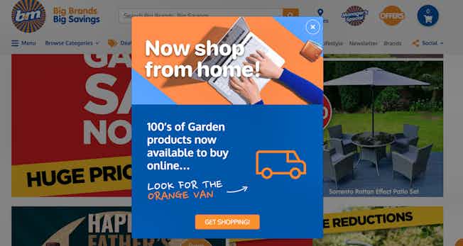 screenshot of b&m website with 'look for the van' interstitial