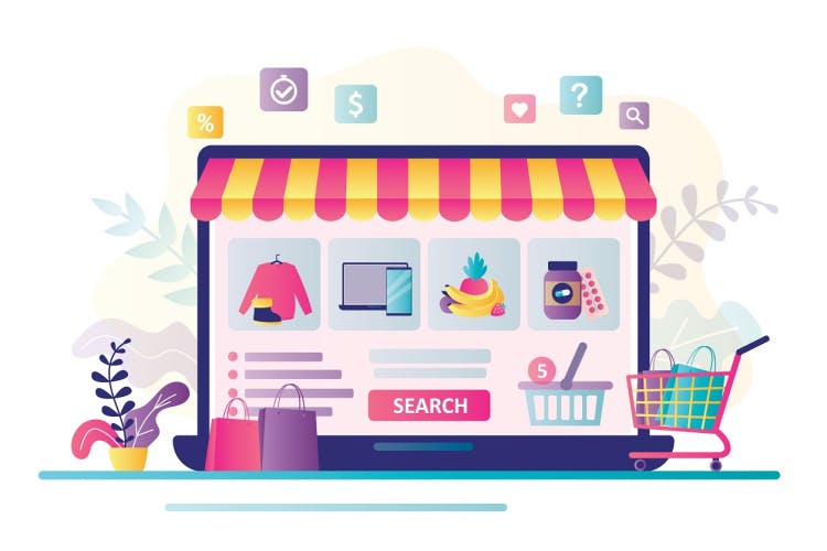 Online marketplace vector graphic with a laptop resembling a storefront and displaying various products. On one side is a pot plant, and on the other a shopping trolley.