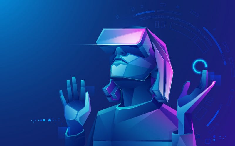 Vector graphic of a person wearing a virtual reality headset and looking up into the distance with their hands raised up.