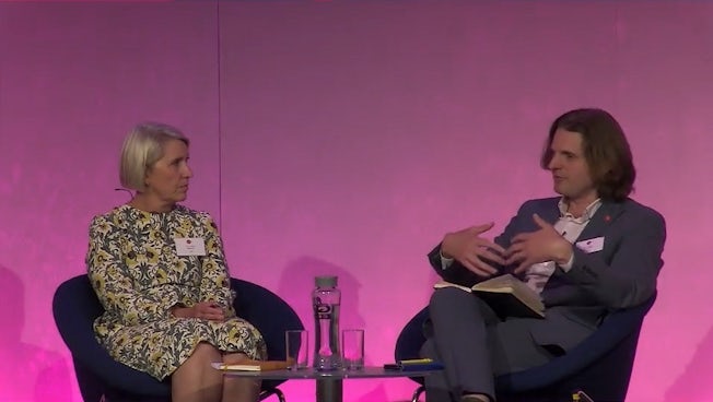 Specsavers' Tina Christison and Econsultancy's Steffan Aquarone sit on-stage at Econsultancy Live.